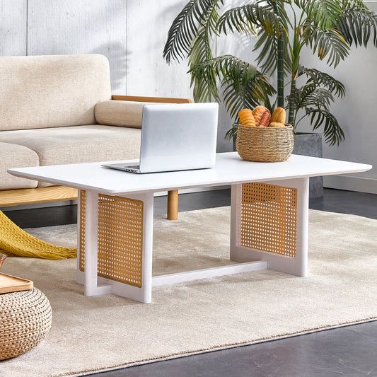 Asian-Style White Solid Wood Coffee Table, Faux Rattan Legs