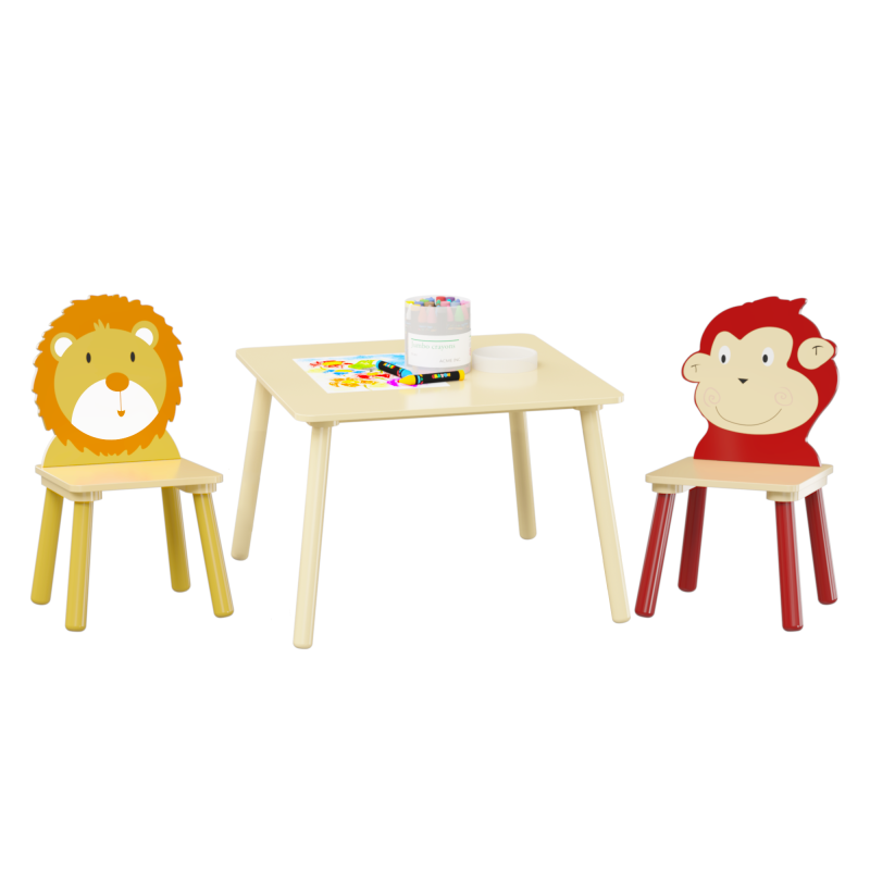 Wooden Kids Table & 2 Chairs for Playroom, Lion & Monkey