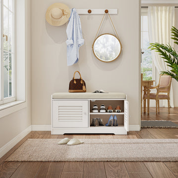 28.74"Shoe Storage Bench with 2 Door Cabinet, Entryway Bench with White Shoe