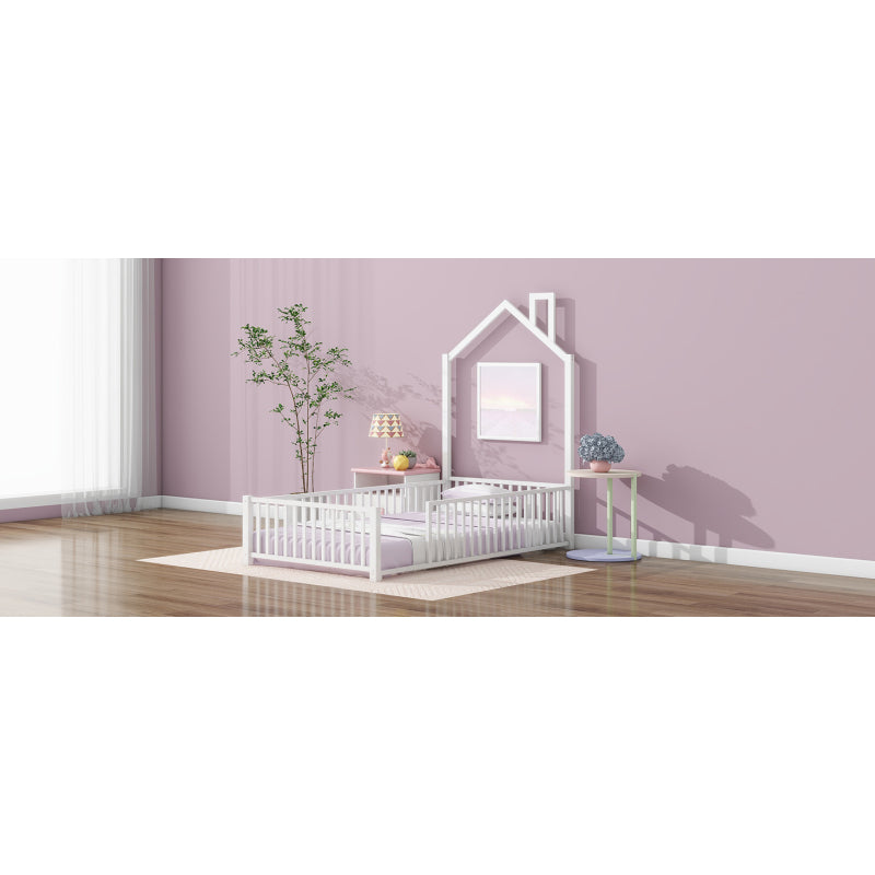 Playhouse Twin Metal Bed for Kids with Guardrail & Chimney