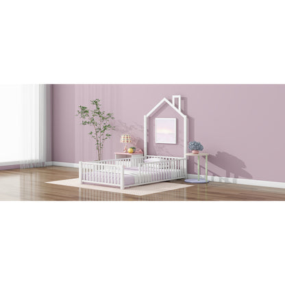 Playhouse Twin Metal Bed for Kids with Guardrail & Chimney