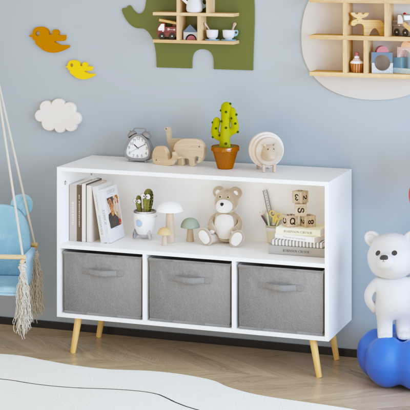 Modern Kids Bookcase for Playroom w/ Collapsible Fabric Bins