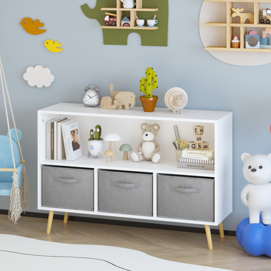 Modern Kids Bookcase for Playroom w/ Collapsible Fabric Bins