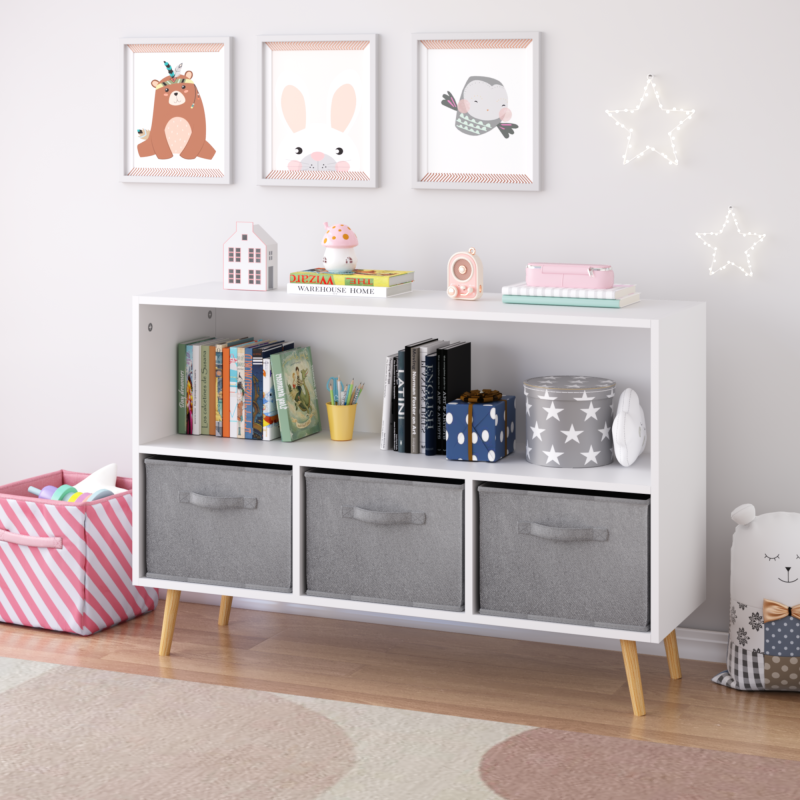Modern Kids Bookcase for Playroom w/ Collapsible Fabric Bins