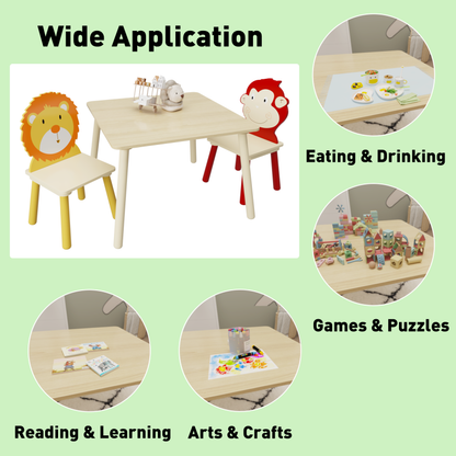 Wooden Kids Table & 2 Chairs for Playroom, Lion & Monkey
