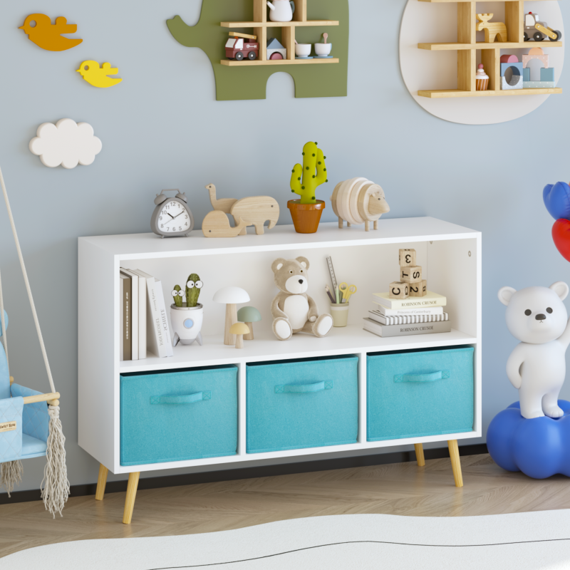 Modern Kids Bookcase for Playroom w/ Collapsible Fabric Bins