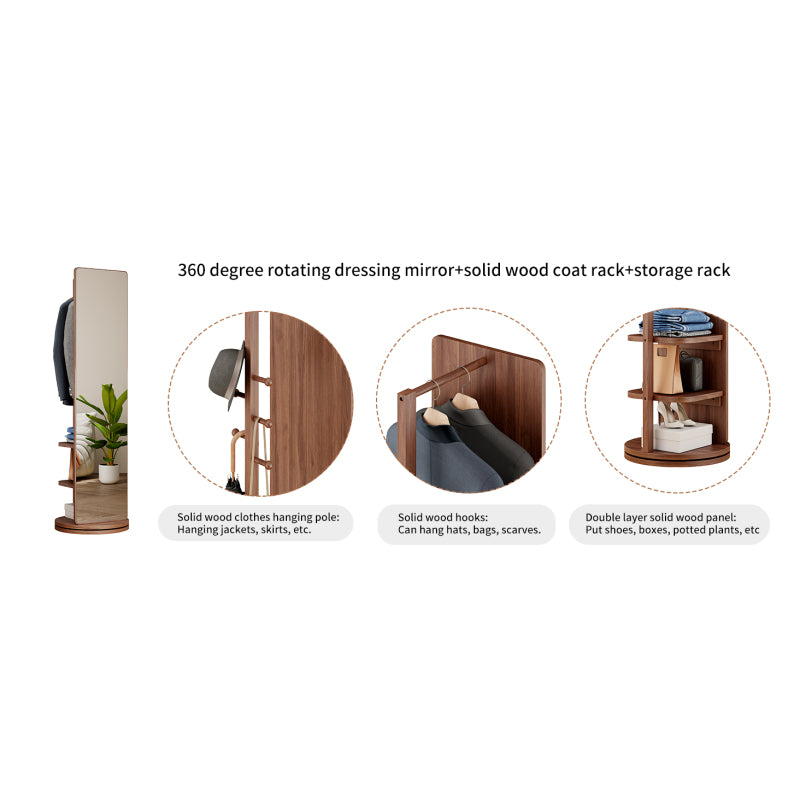 Solid Wood Walnut Floor Mirror for Entryway, 360° with Hooks