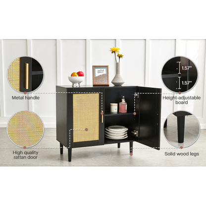 Modern Rattan Sideboard for Living Room, Adjustable Shelves