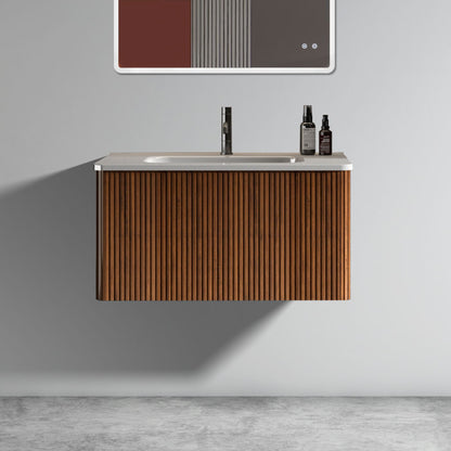 Etna 24-in Striped Walnut Floating Bath Vanity, Ceramic Sink