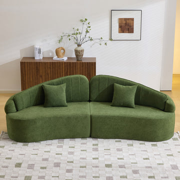 Curved four-seat fully compressed sofa, long-term sitting without collapse, removable backrest, green chenille fabric, simple, retro style,