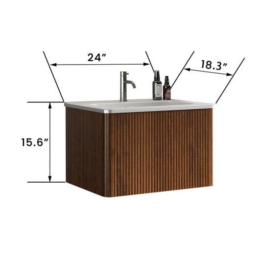 Etna 24-in Striped Walnut Floating Bath Vanity, Ceramic Sink