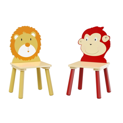 Wooden Kids Table & 2 Chairs for Playroom, Lion & Monkey