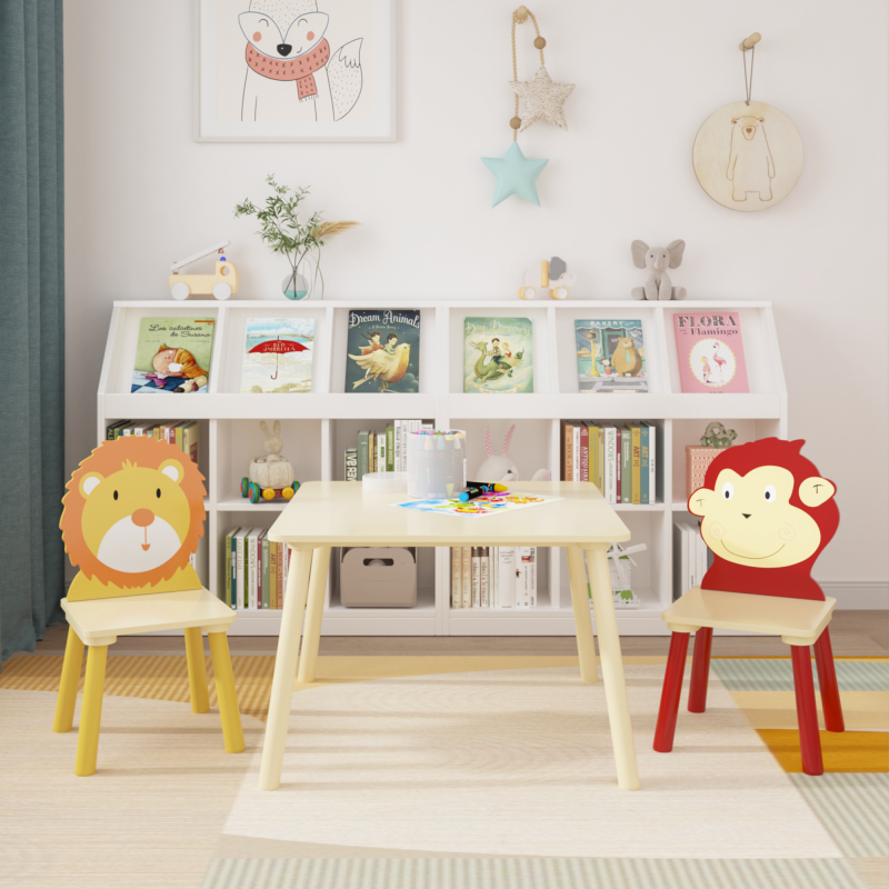 Wooden Kids Table & 2 Chairs for Playroom, Lion & Monkey