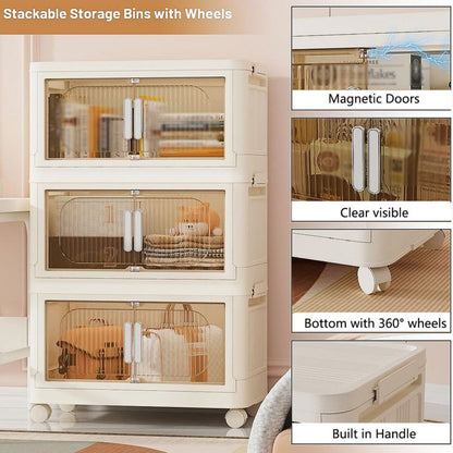Modern Folding Closet Cabinet with Wheels, 3-Tier