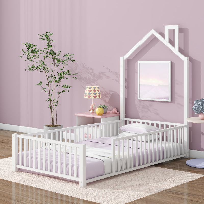 Playhouse Twin Metal Bed for Kids with Guardrail & Chimney