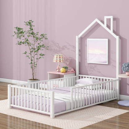 Playhouse Twin Metal Bed for Kids with Guardrail & Chimney