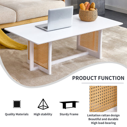 Asian-Style White Solid Wood Coffee Table, Faux Rattan Legs