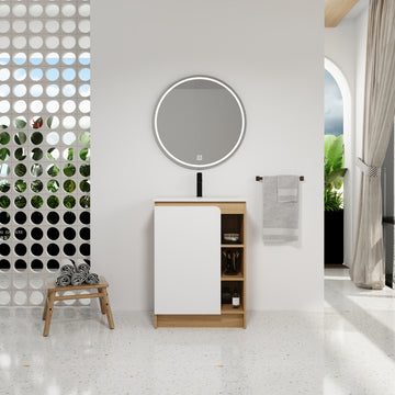 24" Freestanding Bathroom Vanity with Thin-Rim Ceramic Sink, Light Oak, Single Door with 4-Tier Open Shelves, KD Cabinet, Dual-Color Door Pa