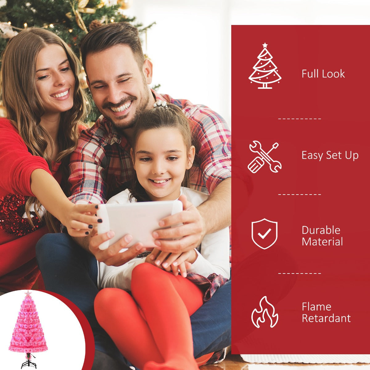 HOMCOM 4 Ft Pink Fiber-Optic Christmas Tree, Holiday Glow