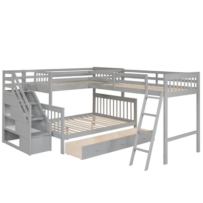 Modern L-Shaped Twin/Full Kids' Bunk with Stairs & Drawers