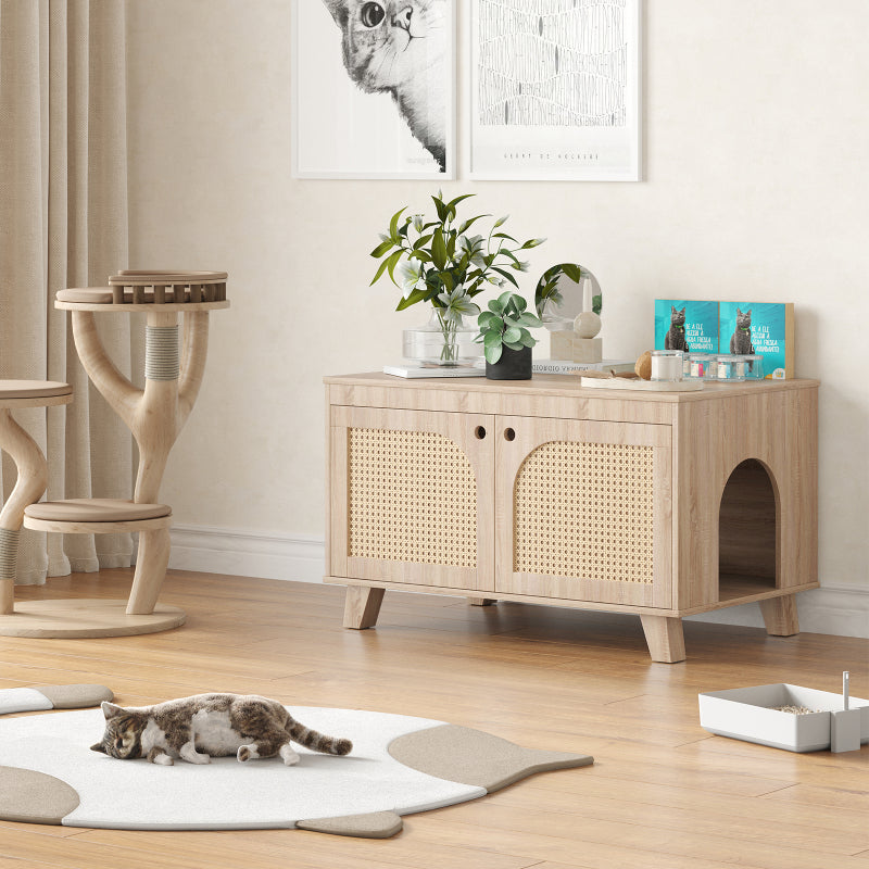 Boho Rattan Cat Litter Box Cabinet for Home, Flip-Top
