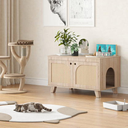 Boho Rattan Cat Litter Box Cabinet for Home, Flip-Top