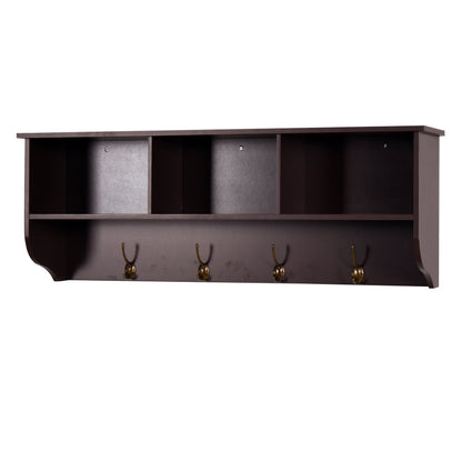 Espresso Wall-Mount Coat Rack Shelf, Entryway, 4 Dual Hooks