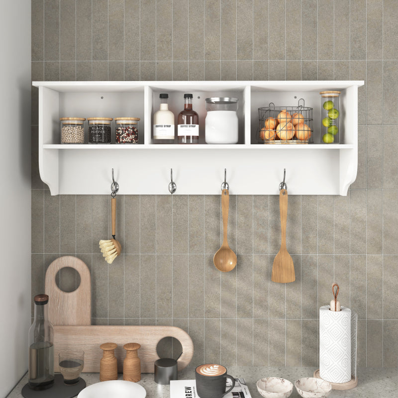 White Wall Coat Rack for Entryway, Shelf & 4 Dual Hooks