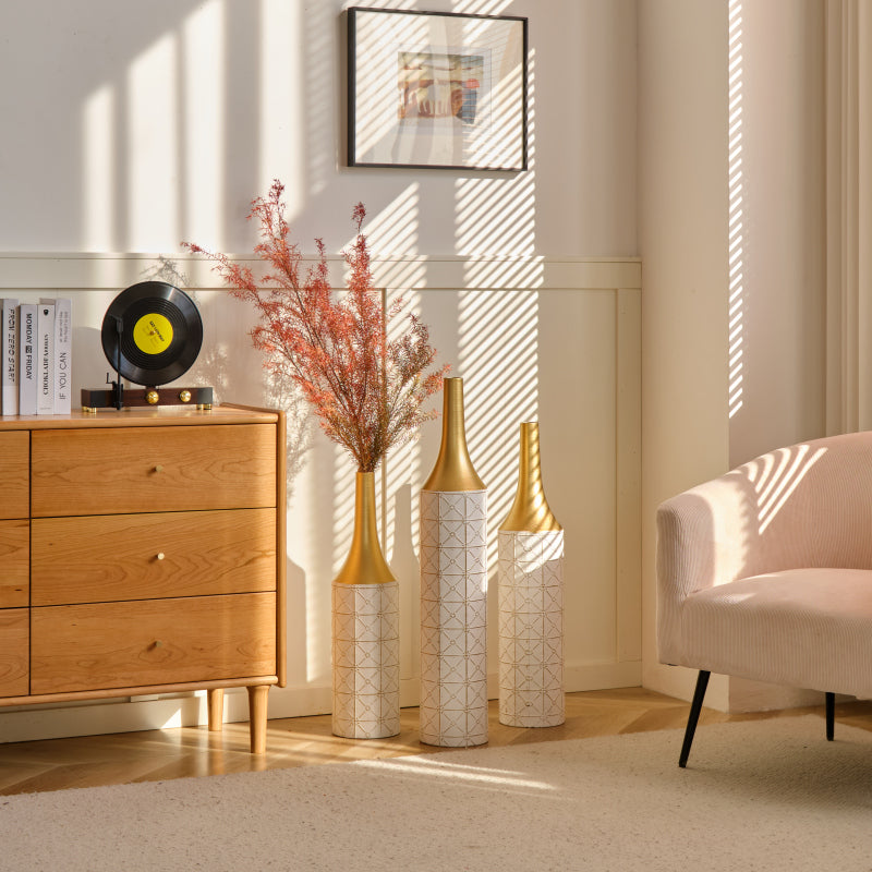 Modern Floor Vase Trio for Living Room, Tall White Metal