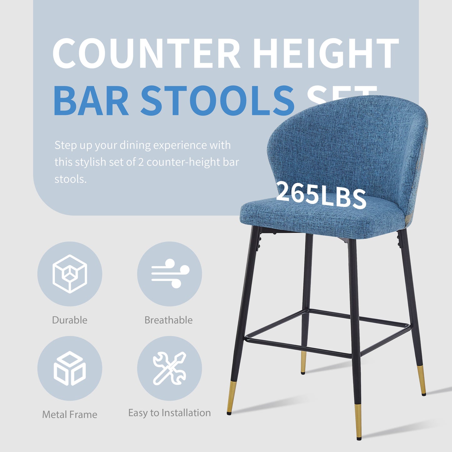 Jacquard Counter Stools for Kitchen, Metal Footrest, 2-Pack