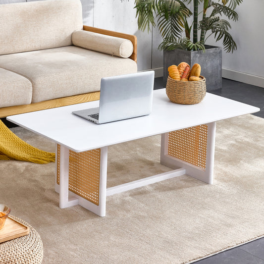 Asian-Style White Solid Wood Coffee Table, Faux Rattan Legs