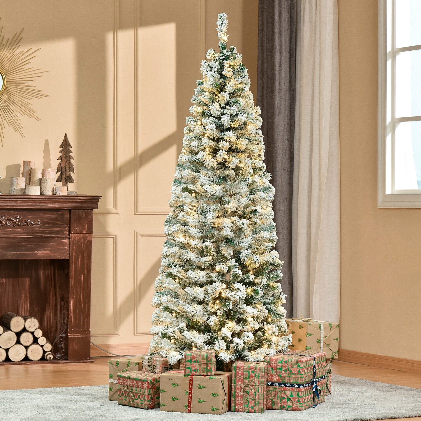 HOMCOM Slim Snow-Flocked Pre-Lit Christmas Tree, 250 LEDs