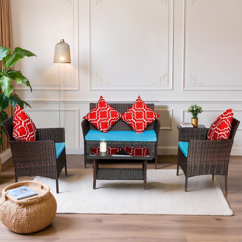 Modern Rattan 4-Piece Patio Sofa Set, Sapphire Blue Cushions