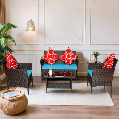 Modern Rattan 4-Piece Patio Sofa Set, Sapphire Blue Cushions