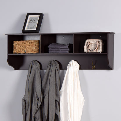 Espresso Wall-Mount Coat Rack Shelf, Entryway, 4 Dual Hooks
