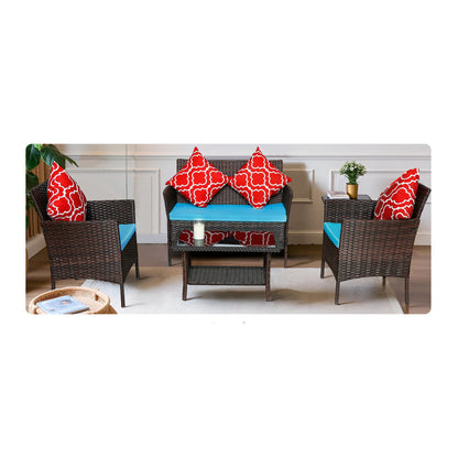 Modern Rattan 4-Piece Patio Sofa Set, Sapphire Blue Cushions