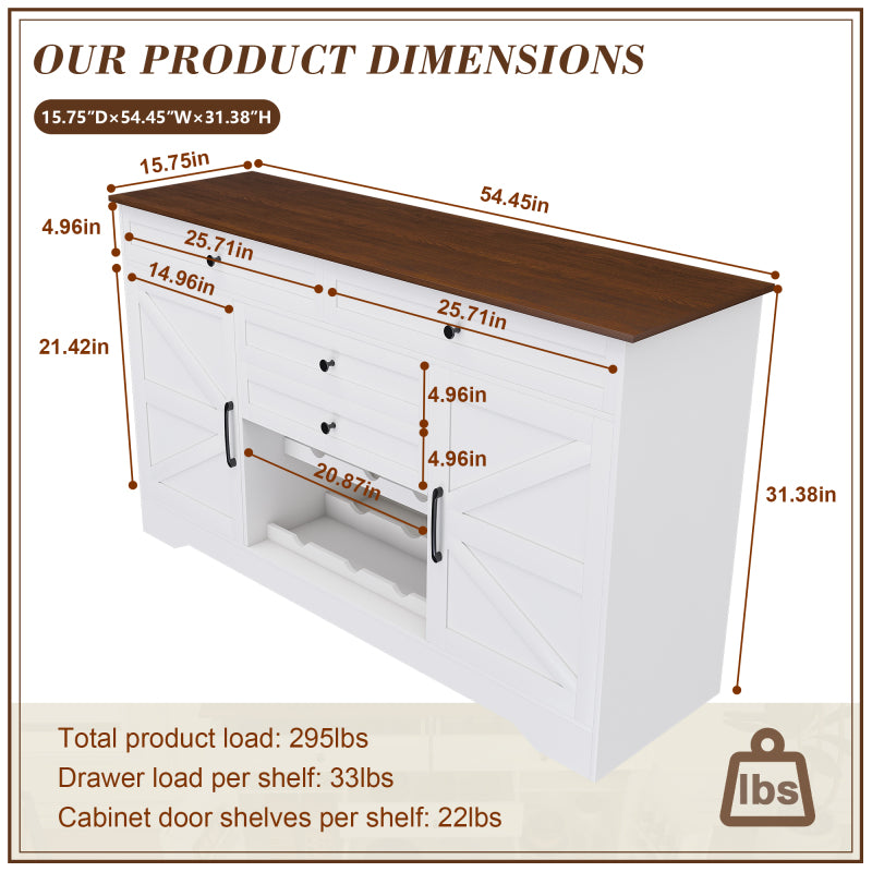 Farmhouse Dining Sideboard with Wood Top & Adjustable Shelf