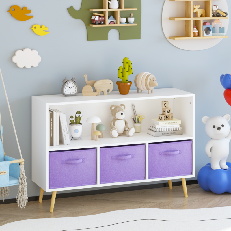 Modern Kids Bookcase for Playroom w/ Collapsible Fabric Bins