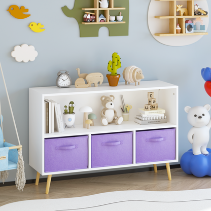 Modern Kids Bookcase for Playroom w/ Collapsible Fabric Bins