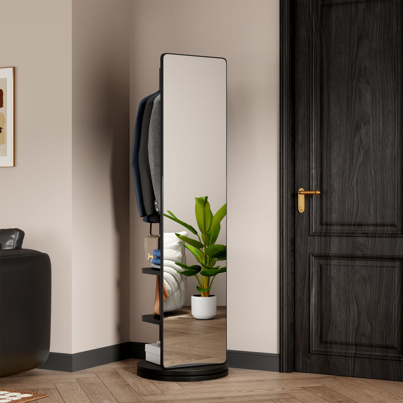 Solid Wood Walnut Floor Mirror for Entryway, 360° with Hooks