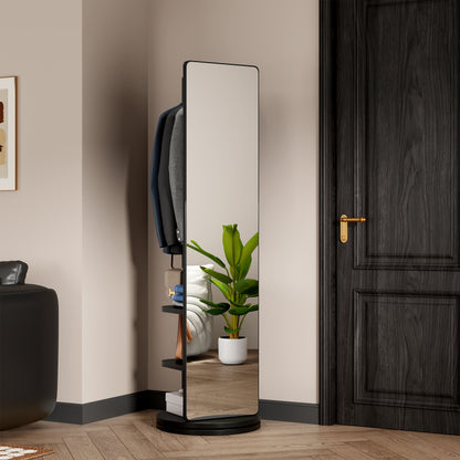 Solid Wood Walnut Floor Mirror for Entryway, 360° with Hooks