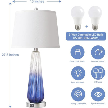 Modern Glass Bedside Lamps Set of 2 3-Way Touch & USB A+C