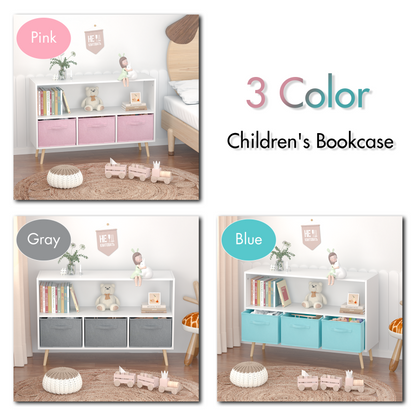 Modern Kids Bookcase for Playroom w/ Collapsible Fabric Bins