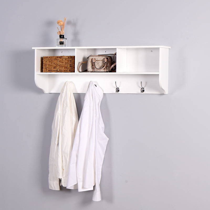White Wall Coat Rack for Entryway, Shelf & 4 Dual Hooks