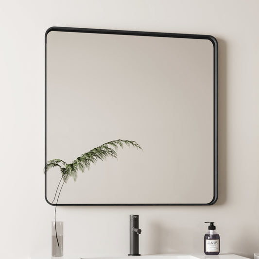 Modern Square Vanity Wall Mirror, Black Metal Frame 36x36