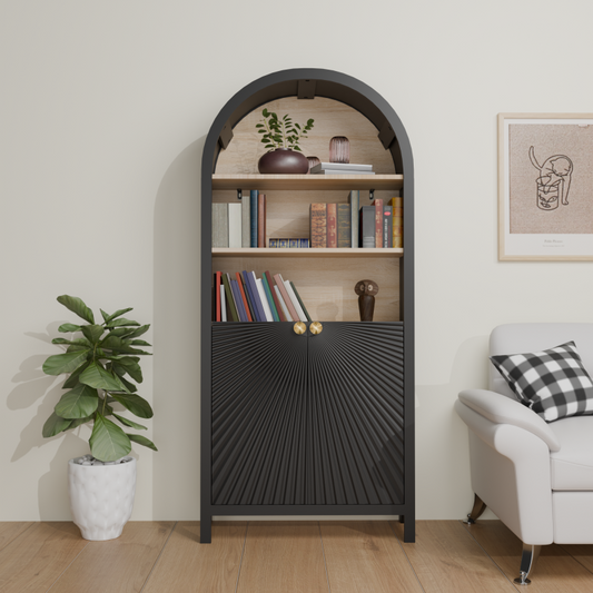 Mid-Century Tall Arched Bookcase with Door for Living Room