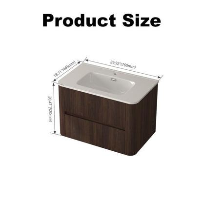 Dark Walnut 30" Floating Bathroom Vanity, Integrated Sink