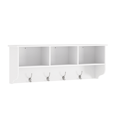White Wall Coat Rack for Entryway, Shelf & 4 Dual Hooks