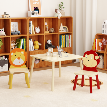 Wooden Kids Table & 2 Chairs for Playroom, Lion & Monkey