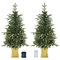 HOMCOM 4ft Prelit Christmas Tree with Dual-Color LEDs, Remote, Set of 2 Aspen Fir, Battery-Operated, 11 Modes, Decorative Pot